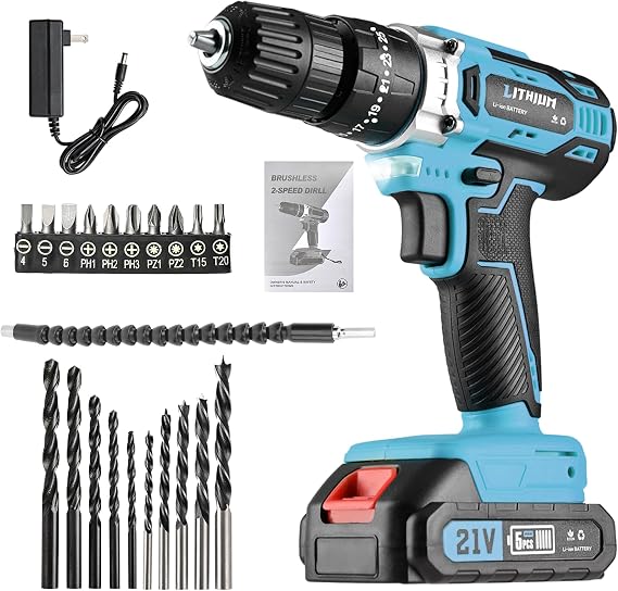 21V Power Drill Set, Cordless Drill With Battery And Charger, Variable Speed, 18+1 Torque Setting And 20pcs Drilling/Driver Bits Set (Battery*1+Accessories Blue)