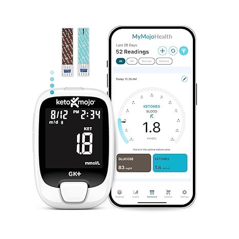 KETO-MOJO GK+ Glucose & Ketone Meter, Keto Diabetes Fasting | Bluetooth sync, Free MyMojoHealth app, 10 glucose + 10 ketone strips, Lancing device, Lancets, Control solutions, Travel case