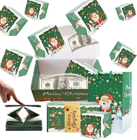 Luxury Cash Explosion Gift Box Set - Folding Bouncing Merry Christmas Money Holders for Cash (Green, 6 Box Set)