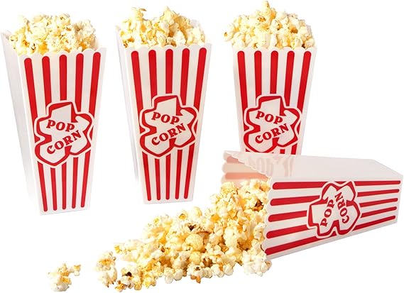 RAYMEA Plastic Popcorn Containers Red & White Striped Retro Style Reusable Popcorn Boxes for Movie Night 4x8 - 6 Pack