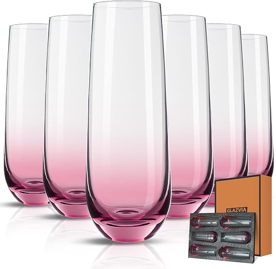 Stemless Champagne Flutes Glasses Set of 6, Elegant Pin Colored
