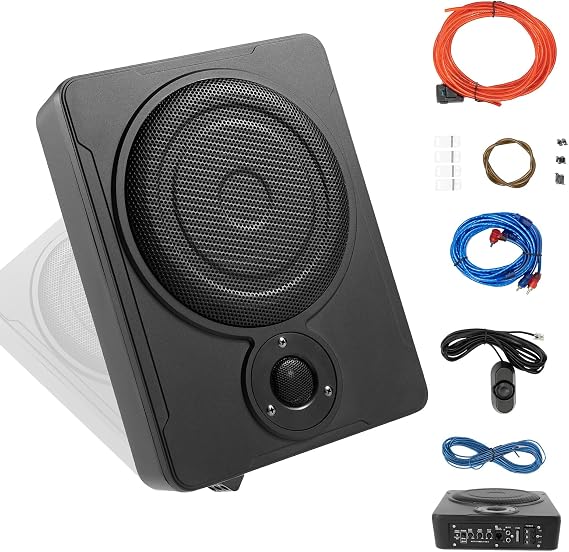 8" 300W Slim Under Seat Powered Car Subwoofer with amp, Car/Truck Sub Built in Amplifier with Ambient Light, Individual Control Car Truck Audio Sub Powered Subwoofer