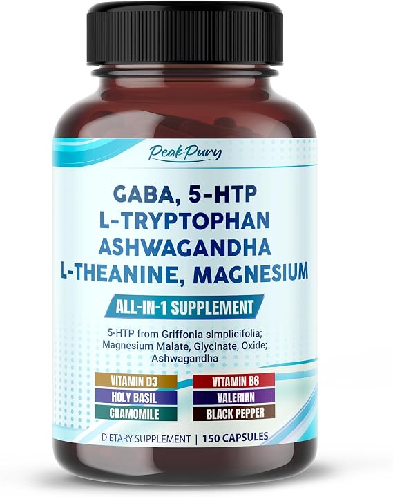 GABA Supplement with 5-HTP, L-Tryptophan, Ashwagandha, Chamomile, L-Theanine & Magnesium, Calm Mood & Sleep Quality Support*, Relaxation Supplement, 150 Capsules, Non-GMO, Gluten Free