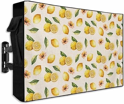 Yellow Lemon Outdoor TV Cover 48-50 Inch Waterproof & Weatherproof with Roll Up Front Flat,Summer Fruit Flower Retro Watercolor Beige Outside Zipper TV Screen Protector with Remote Control Pocket