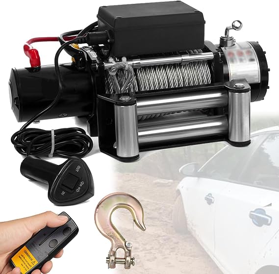Electric Winch Kit - 3000/3500/4000/4500/6000LBS Truck Winch, 12V/24V Steel Cable Winch with Wireless and Hand Remote Controller & Roller Fairlead for SUV, Truck & Trailer 6000LBS