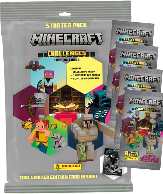 Panini Minecraft Challenges Trading Card Starter Pack, Lisanslı Koleksiyon Albümü, 3 Booster + Limited Edition Kart