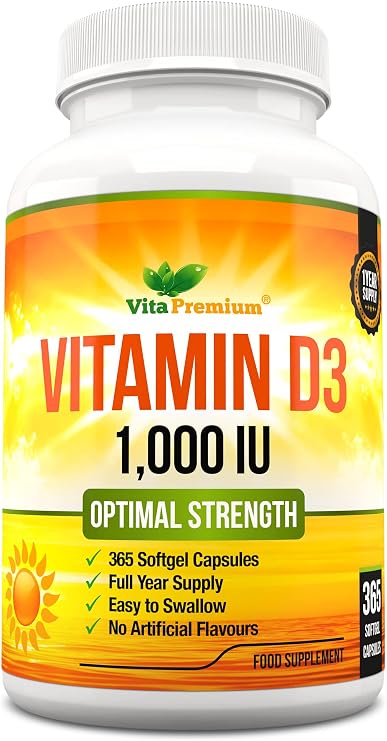 Vitamin D 1,000 IU, Optimal Strength Vitamin D3 Supplement, 365 Easy to Swallow Softgels - Full Year Supply