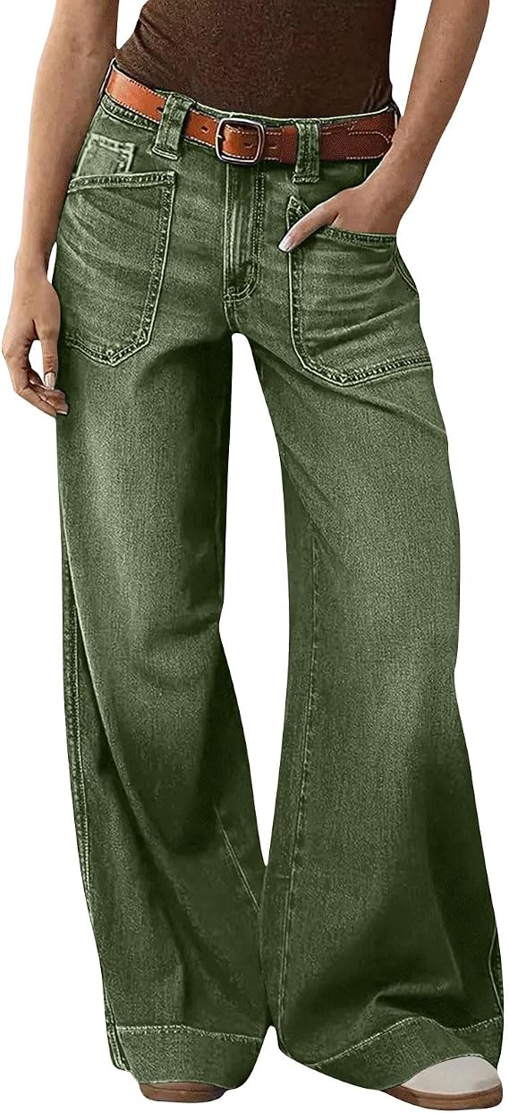 Wide Leg Jeans for Women Mid Rise Stretchy Baggy Jeans Distressed Loose Denim Pants with Pockets