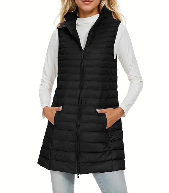 ELFJOY Women's Mid Long Down Vest Lightweight Puffer Vest Coat Jacket Stylish Windbreaker