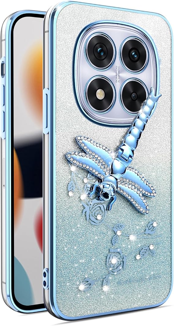 Diamond Glitter Case for Xiaomi Redmi Note 14 Pro, Luxury Plating Bling Sparkle Soft TPU Gradient with Dragonfly Kickstand for Women Girl Case Cover for Redmi Note 14 Pro.Dragonfly Blue