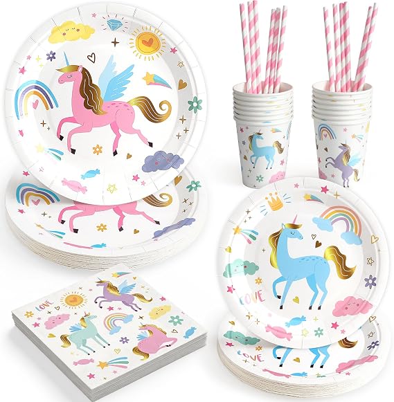 Unicorn Party Tableware Set Children's Birthday Paper Plates Napkins Cups Straws Unicorn Birthday Decoration Girls Boys Magic Birthday Plates Colourful Party Plates Tableware Set 12 People
