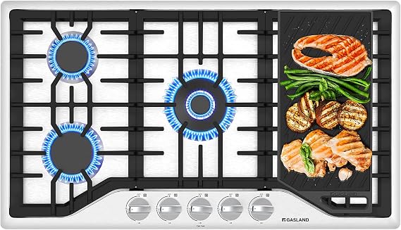 GASLAND 36 Inch Gas Cooktop with Grill/Griddle, 5 Italy SABAF Sealed Burner Gas Stovetop, NG/LPG Convertible Gas Cooktops, Gas Countertop Plug-in with Thermocouple Protection, Stainless Steel
