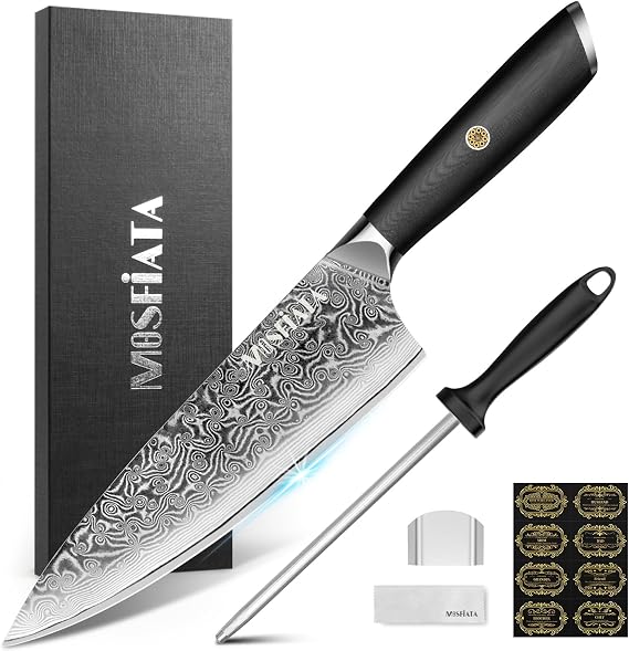 MOSFiATA Damascus Chef Knife 8 Inch, Professional Ultra Sharp Chef's Knives with 67-Layer High Carbon Damascus Steel VG-10 Blade and Ergonomic G10 Handle Kitchen Cooking Knife Gift Box