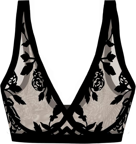 EBY Sheer Mesh Bralette for Women Seamless Wireless Bra with Support and Lift Breathable Mesh Bra Without Metal Wire Madam Noir - X-Large (XL)
