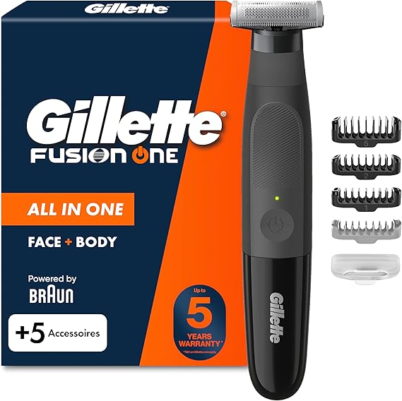 Gillette Fusion Hybrid Trimmer for Men - 3 Stubble Combs, Body Comb, Electric Beard Trimmer & Shaver for Face & Body, with One Blade Protective Cap, Waterproof Cordless Grooming Tool, UK 2 Pin Plug