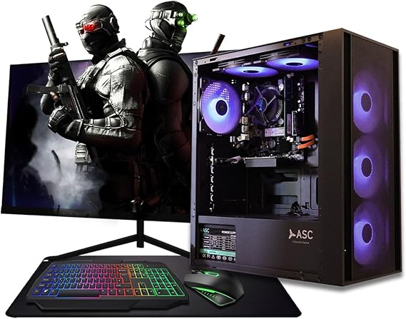 Asc Gaming PC Bundle - AMD Ryzen 3 3200g, 16GB DDR 4 RAM, 1TB SSD, Radeon Vega 8, Windows 11, Black RGB Gaming Case, 22" Monitor, Keyboard, Mouse, Headset,