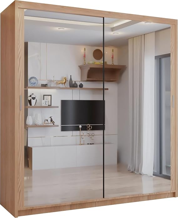 SLIDING WARDROBE 4U Double Mirror Sliding Door Wardrobe with LED LIGHT 90/120/150/180/203 (Oak, 90cm)