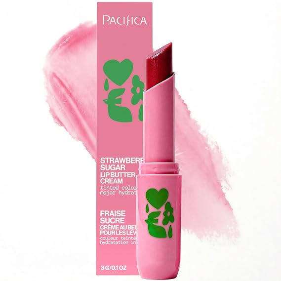 Pacifica Strawberry Sugar Lip Buttercream, Tinted Lip Balm, Vegan and Cruelty Free, Rich Cushion Texture Melts Into Lips, Lasting Hydration and Soft Shine, Buildable Mineral Tint