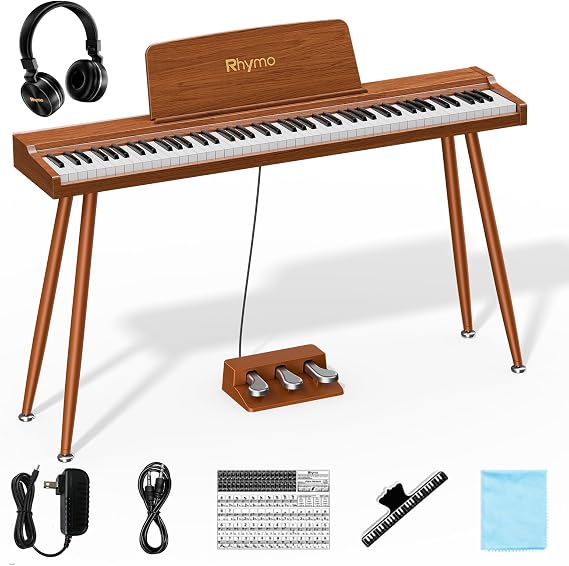 Rhymo Digital Piano 88 Semi Weighted Keys with Stand Touch Sensitivity, Full Size Keyboard, Portable Case, Sustain Pedal Deep Brown