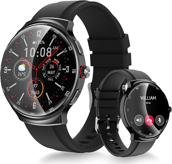 Smart Watch for Men Women, 1.43 Curved AMOLED Touch Screen Fitness Watch with Heart Rate & Sleep Monitor, 100+ Sport Modes, Activity Trackers, Step Counter Watch Android & iOS Compatible (Black)