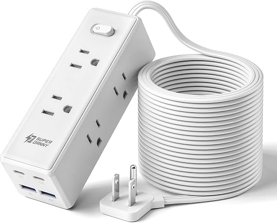SUPERDANNY 15Ft Extension Cord with Multiple Outlets, Flat Plug Power Strip | Long Extension Cord with 6 Outlets, 4 USB Ports(2 USB C), Surge Protector for Home, Office Supplies, Dorm Essentials, White