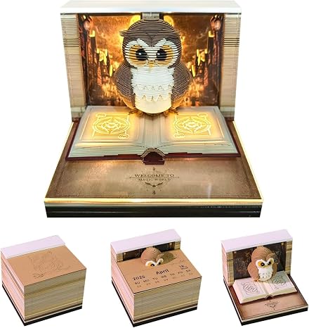 MAXFOREST 3D Calendar 2026 with LED Light & Memo Pad, Timepiece Planner Tear-Away Paper Carving Art, Creative Perpetual Organizer for Office Home Decor, Ideal New Year Holiday Gift (Owl)