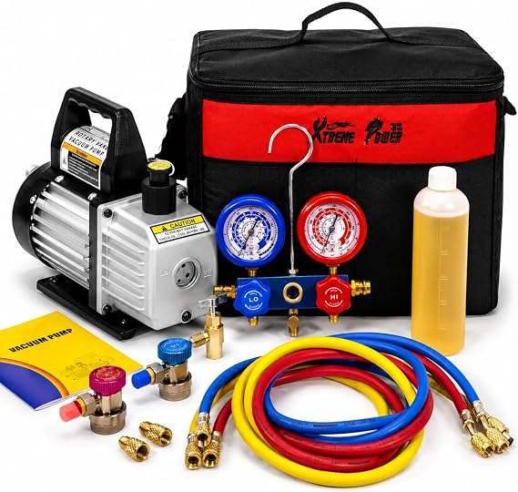 XtremepowerUS 3CFM 1/4HP Vacuum Pump HVAC R134a, R12, R22, R410a, A/C Refrigeration R134 Can Tap Adapter, R134 Quick Connector AC Manifold Gauge Air Conditioner Oil Bottle w/Bag