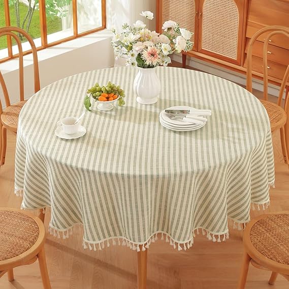 TruDelve Round Table Cloths 60 Inch Fits for Round Tables from 30" to 40" in Diameter, Green Striped Cloth Tablecloths (Green,60",Round)