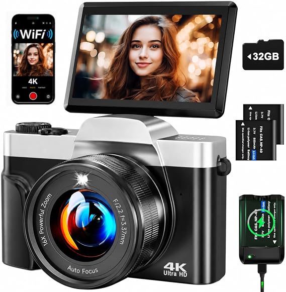 Digital Camera 4K 64MP with WiFi Autofocus Vlogging Camera & Webcam 3 Inch 180° Folding Display 16x Digital Zoom Shake Protection 32GB SD Card Charging Station & 2 Batteries for Beginners and