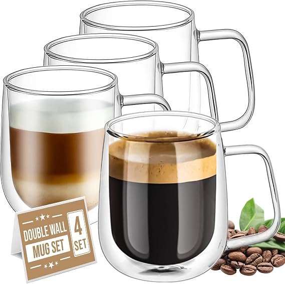 Volarium CRYSTALIA Double Walled Cappuccino Glasses 250ml Set of 4, 100% Lead Free Double Walled Coffee Cup, Insulated Espresso Coffee Mugs, Borosilicate Glass Macchiato Cups with Handle