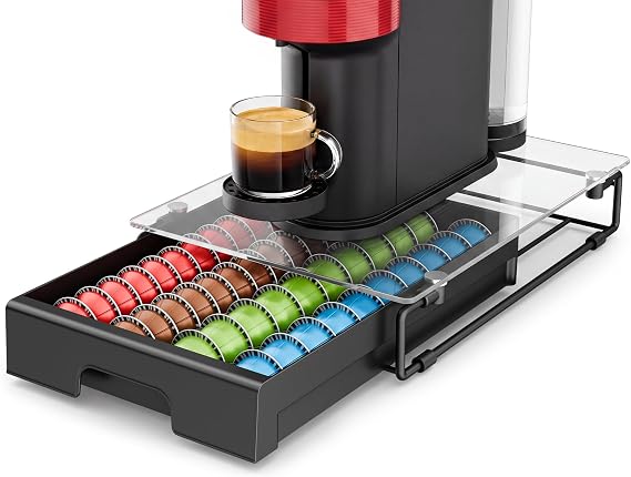 EVERIE Nespresso Vertuo Pod Holder Drawer, Coffee Pod Organizer with Universal Slots, Holds 40 Large or 52 Small Capsules, Tempered Glass Top Storage