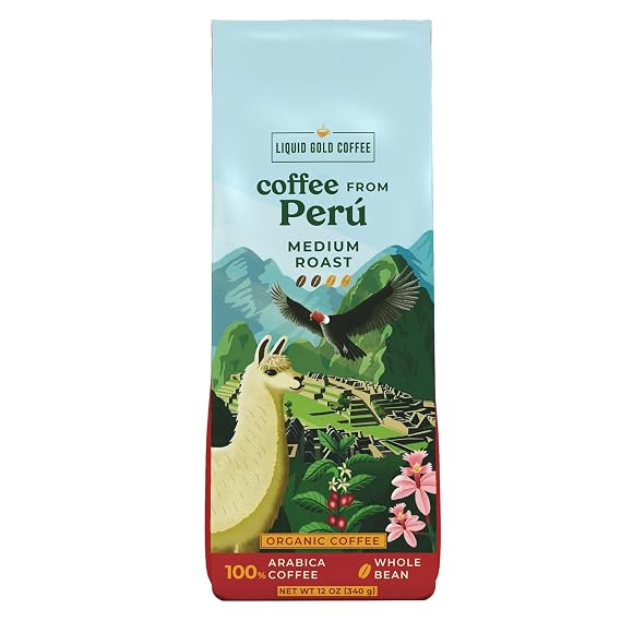 Coffee from Peru Whole Beans Medium Roast, 1 Bag 12 OZ (340 Grams), Fairtrade, 100% Arabica, Roasted Fresh in South Carolina, Made from Organic Green Beans