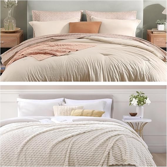 Monbix 7 Piece Prewashed Comforter Sets and Fleece Throw Blanket Bundle