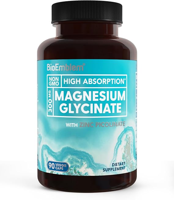 BioEmblem Magnesium Glycinate & Zinc, 300mg Magnesium per Serving, 90 Caps | 2-In-1 Complex High Absorption Chelated Magnesium Supplement - Vegan and Non-GMO - Immune Health, Muscle & Nerve Function