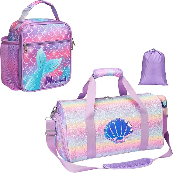 Bagseri Kids Lunch Bag and Kids Duffle Bag Bundle, Insulated Lunch Bag for Girls Kids Dance Bag Ballet Bag Travel Bag for Girls with Shoes Compartment