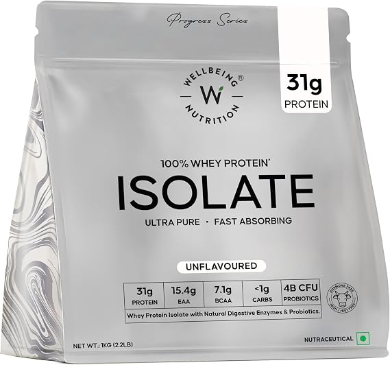 WELLBEING NUTRITION 100% Whey Protein Isolate (Unflavoured) | 31g Protein, 15.4g EAA, 7.1g BCAA | 4B CFU Probiotics & Natural Digestive Enzymes | 99% Lactose Free |No Bloating, Easy to Digest | 1kg
