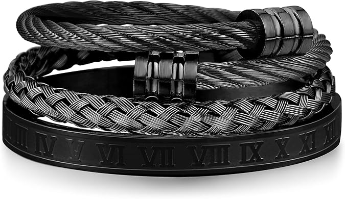 WFYOU 3PCS Stainless Steel Bracelets for Men Gold Roman Numeral Bangle Bracelet Twisted Cable Bracelet Adjustable Cuff Bracelet Mens Luxury Jewelry Bracelets Gifts