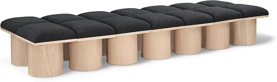 Meridian Furniture 465Black-14D Pavilion Collection Art Deco Bench with Rich Black Boucle Fabric and Natural Finished Oak Veneer, 108.5" W x 36" D x 17.5" H, Black