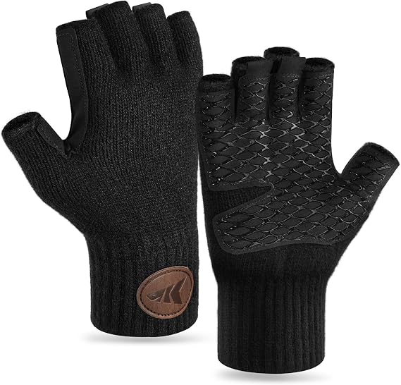 KastKing Bully Wooly Fingerless Fishing Gloves for Men Women, Winter Gloves | Wool Gloves with Non-Slip Grip, Cold Weather Thermal Warm Knit Glove for Ice Fishing, Hunting, Running & Driving