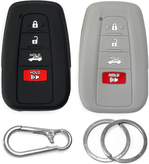 2x Click&Fit Silicone Key Fob Cover compatible with Toyota 2016-2024 Camry Corolla Prius C-HR RAV4 GT86 Highlander Avalon 4Runner, 4B Remote Key – Anti-slip Car remote key case protector, Black& Grey