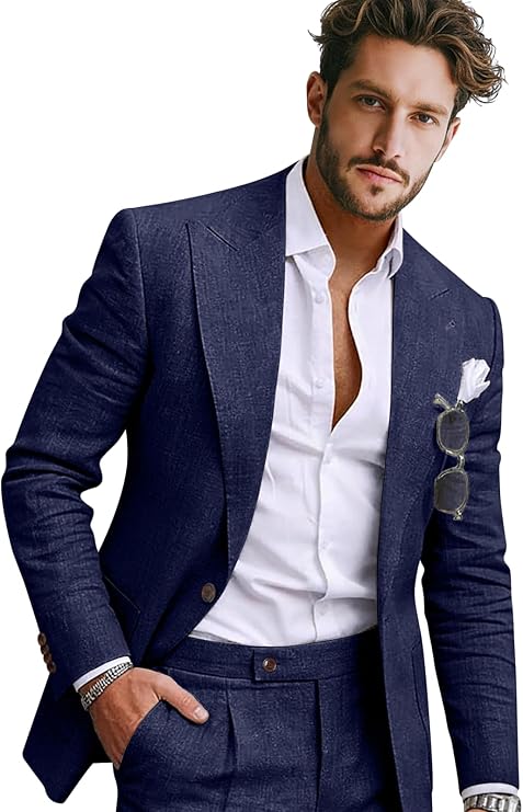 Men Linen Suit 2 Pieces 1 Button Suit Blazer Pants Set Tuxedo Men