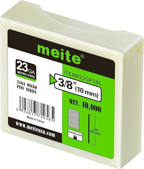 meite 23 Gauge Pin Nails, 3/8-Inch Micro Headless Piner Nails - Galvanized 23GA Pins Nails for Nail Gun, Ideal for Fine Woodworking and Trim Work (10,000 Counts)