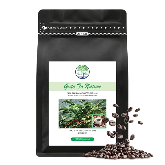 Gate to Nature Specialty Roasted Coffee (white labeled Wild Kopi Luwak Coffee Beans Dark Roast (Black Bag), 16oz) Sourced from the best regions of Vietnam Ethically produced from Wild Palm Civet Cats