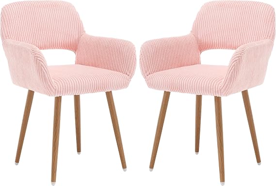 Small Modern Dining Room Arm Chairs for Kitchen Set of 2,Pink | Mid-Century Upholstered Corduroy Fabric Side Seat Club Guest with Metal Tube Legs