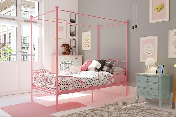 DHP Metal Canopy Kids Platform Bed with Four Poster Design, Scrollwork Headboard and Footboard, Underbed Storage Space, No Box Sring Needed, Twin, Pink
