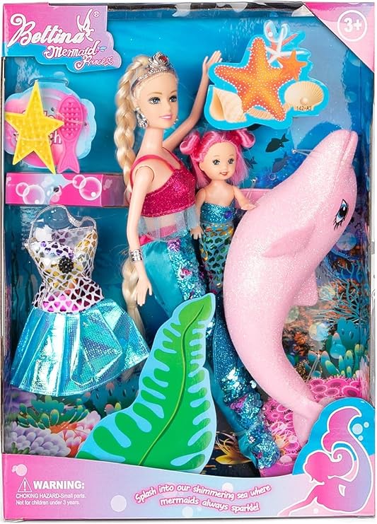 Mermaid Princess Doll Playset, Color Changing Mermaid, Dress Up Doll 12" and Dress Doll 3" and Dolphin, Color Change by by Reversing the Sequins Mermaid Toys for Little Girls and Play Gift Set Aged 3+