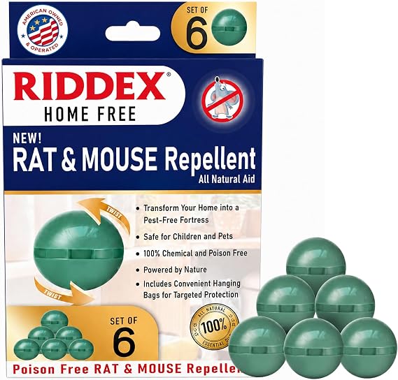 Riddex Home Rat & Mouse Rodent Spheres Plant-Based Formula with Essential Oils 6-Pack with Hanging Sachets for Use Indoors, Garages, Campers, and More Safe Around Kids and Pets