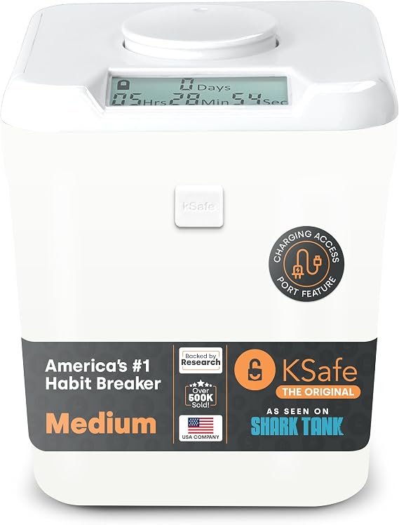 K-Safe Time Locking Container (Medium), Timed Lock Box for Cell Phones, Snacks, and other Unwanted temptations (White Lid + White Base, with Access Port)
