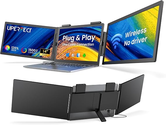 UPERFECT Laptop Screen Extender, 14'' Wireless Triple Portable Monitor, Ultra-Slim Dual Travel Monitor 125% sRGB One Cable Plug -Play Extender Monitor for MacOS/Win/Android, Fits 13.3-17.3" Laptops