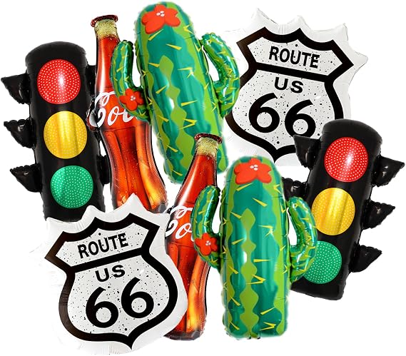 Vintage US Highway 66 Foil Balloons Set Vintage 66 Highway Sign, Cactus, Cola Bottle & Traffic Light Balloons Retro Road Trip Party Decor, Birthday, Americana Celebration, Country Room Decor